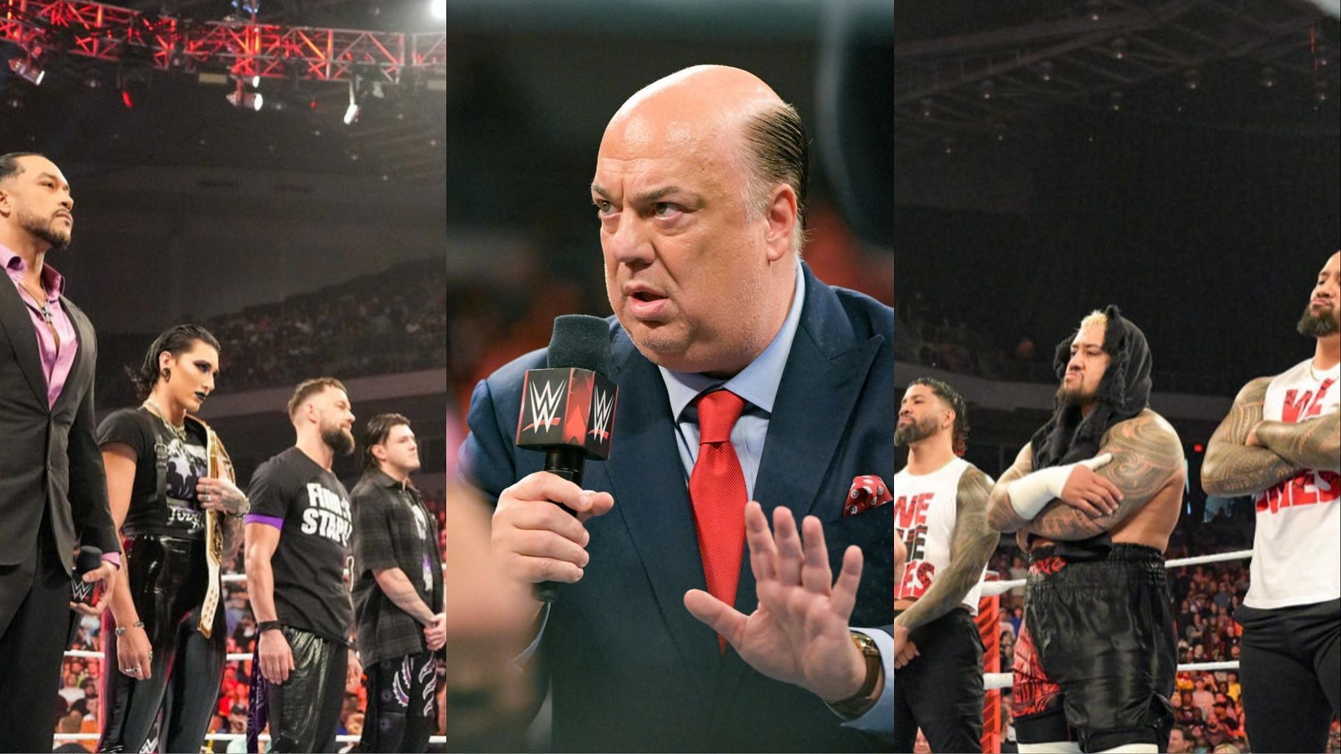 The Judgment Day (left); Paul Heyman (center); The Bloodline (right)
