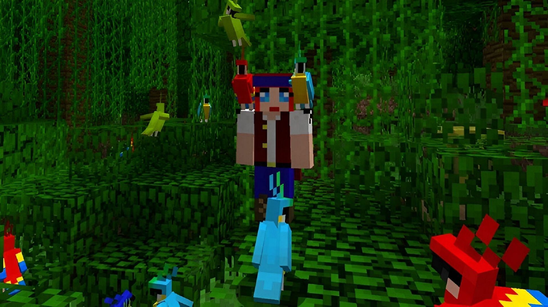 A player stands among their pet parrots in Minecraft.