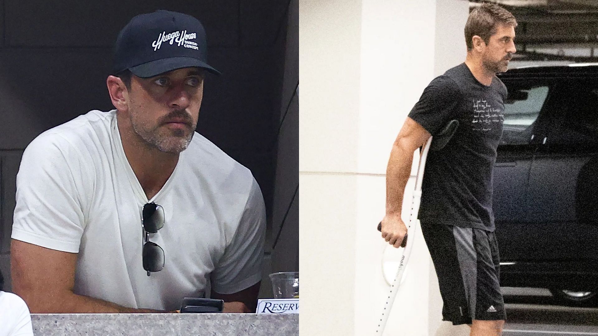 Aaron Rodgers has been seen on crutches for the first time (images via Getty and the New York Post)