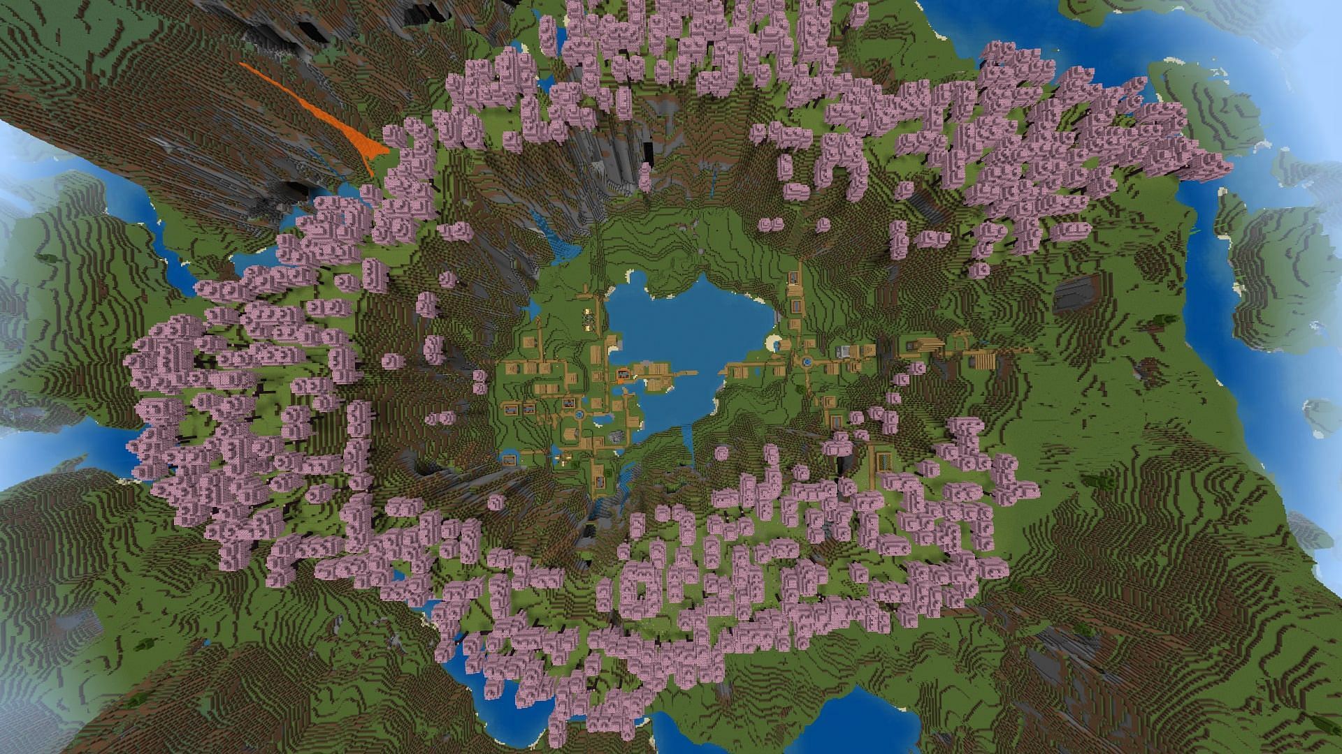 The fish-shaped Minecraft biome with the two conjoined villages at its heart (Image via Mojang Studios)