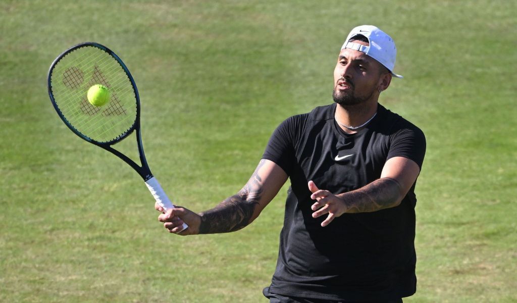 Nick Kyrgios plays a shot during the first round of the 2023 Stuttgart Open