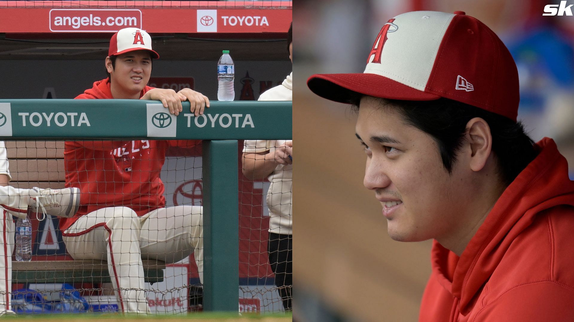 Shohei Ohtani of the Los Angeles Angels in the dugout while playing the Detroit Tigers at Angel Stadium of Anaheim