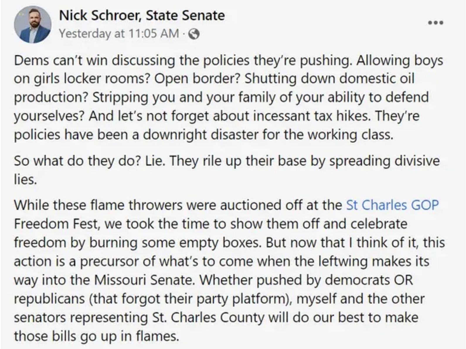 Nick Schroer&#039;s statement on Facebook (Image via Facebook)