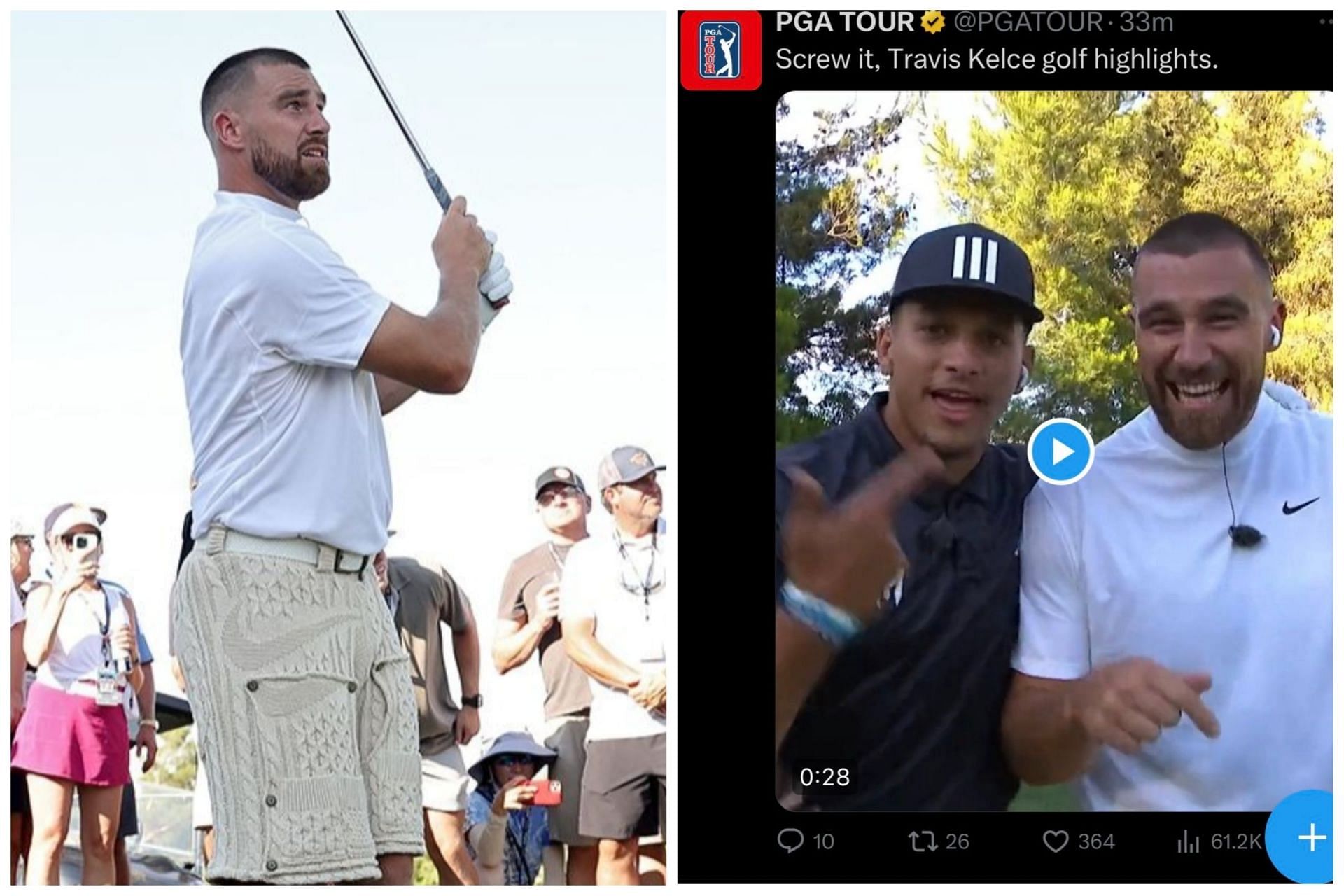 PGA Tour posted Travis Kelce golf highlights on X, only to delete it after sometime (First Image via Getty, second Image via?(Twitter.com/Nuclr golf)