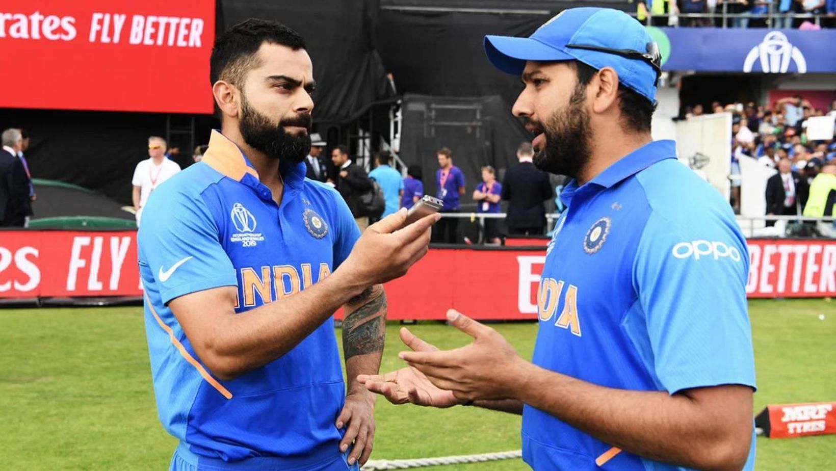 Virat Kohli (L) and Rohit Sharma at the 2019 World Cup.