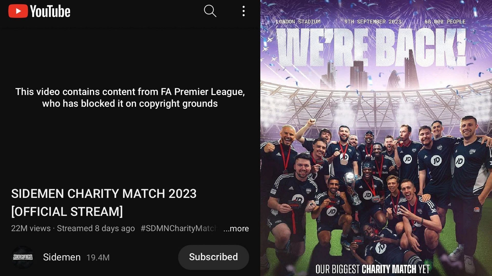 The Sidemen Charity match was taken down by FA Premier League (Image via Sidemen/YouTube)