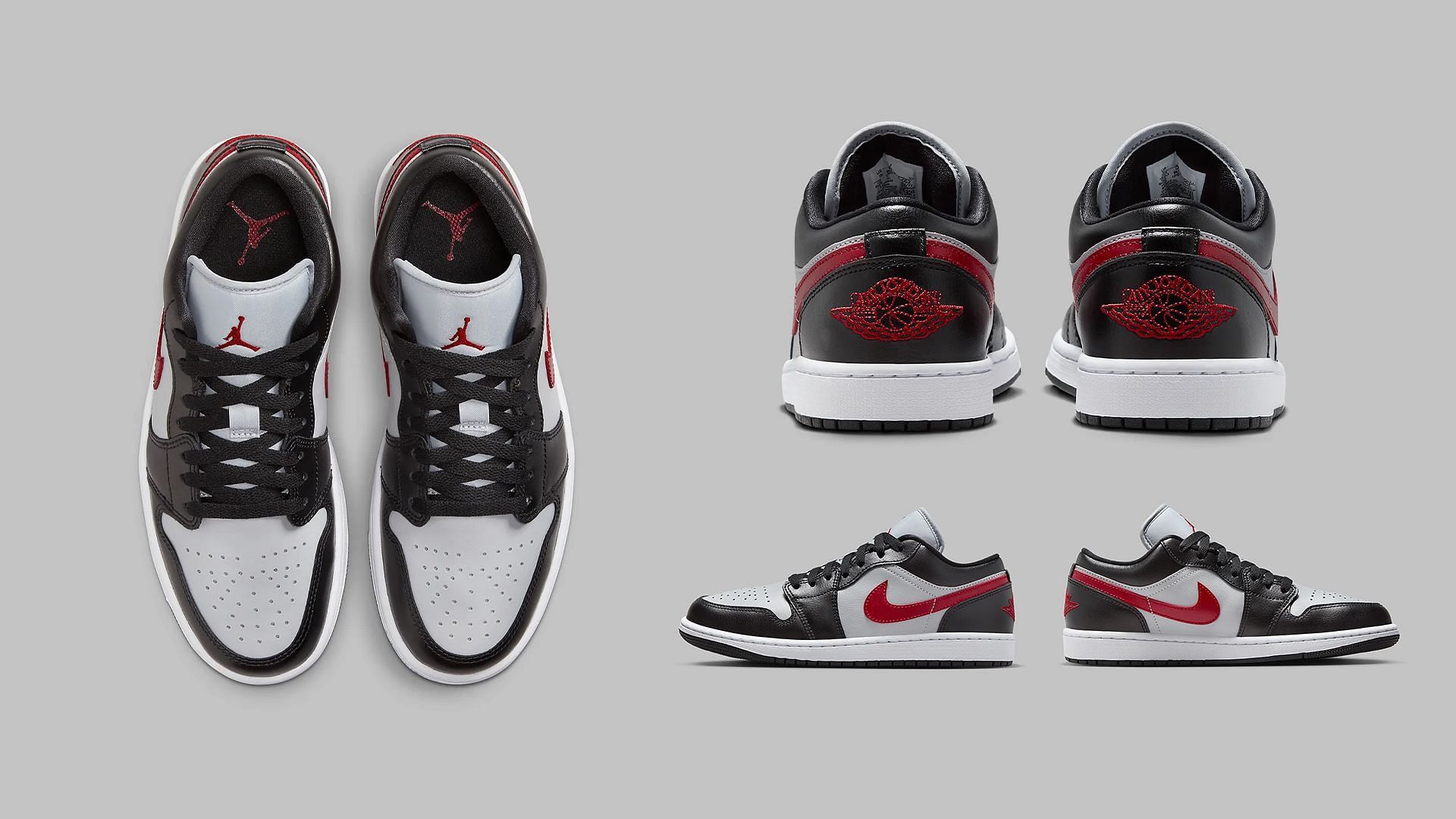 The upcoming Nike Air Jordan 1 Low &quot;Black / Grey / Red&quot; sneakers come clad in a greyscale color scheme with pops of vibrant red hue (Image via Sportskeeda)