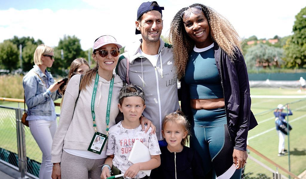 Novak Djokovic and his family pose with Venus Williams at this year&#039;s Wimbledon