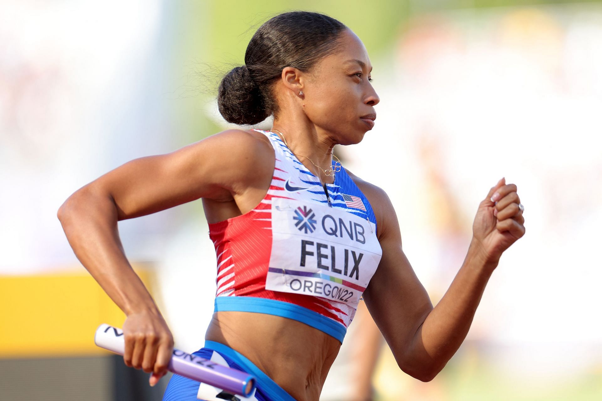 Allyson Felix competes in the women&#039;s 4x400 m relay heats at the 2022 World Athletics Championships at Hayward Field in Eugene, Oregon