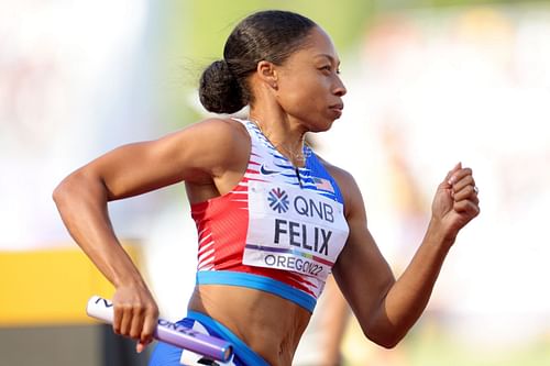 Allyson Felix competes in the women's 4x400 m relay heats at the 2022 World Athletics Championships at Hayward Field in Eugene, Oregon