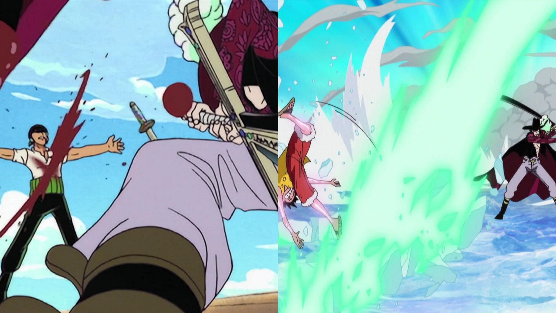 Zoro vs Mihawk, and Luffy vs Mihawk (Image via Toei Animation, One Piece)