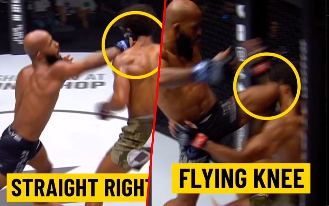 Demetrious Johnson landing a punch against Adrian Moraes (left) and Johnson landing a flying knee (right)