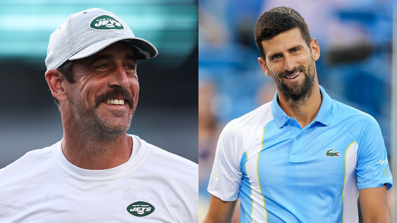 Aaron Rodgers reacting to Novak Djokovic