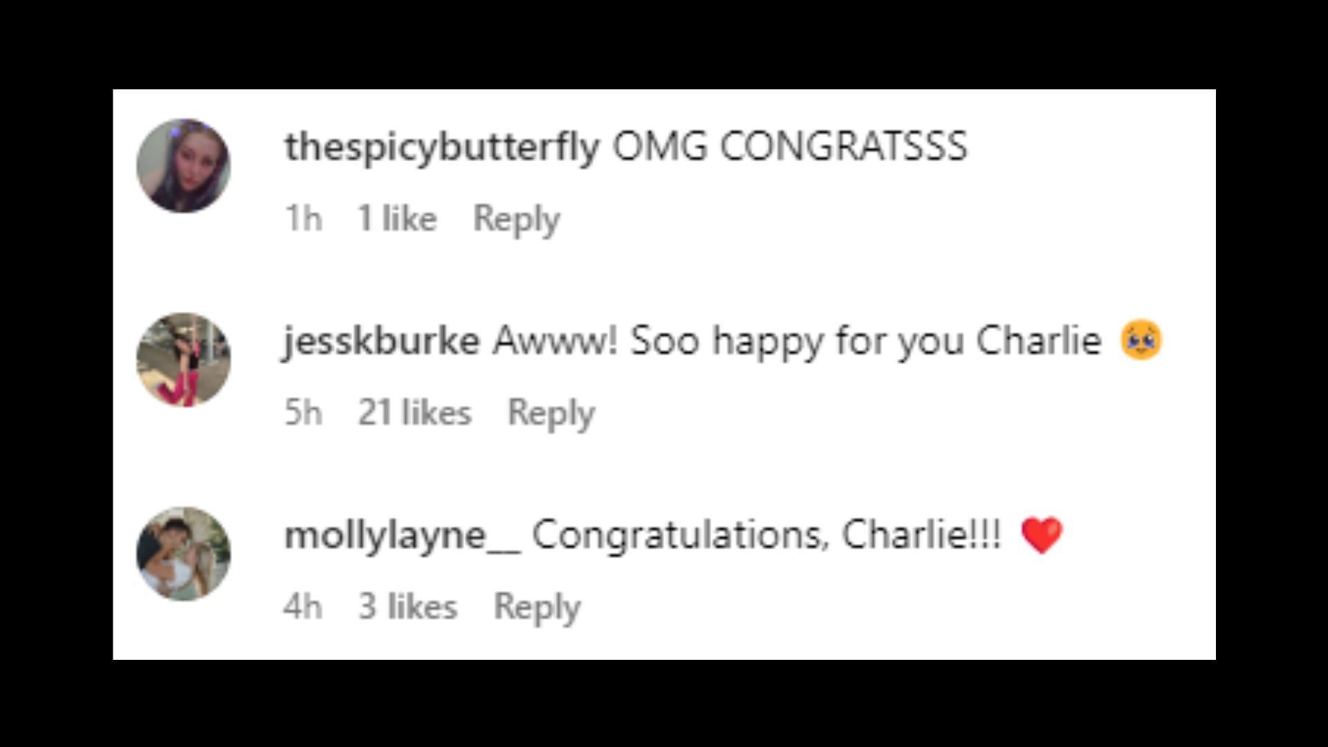 Netizens react to the engagement news (Image via charlieputh/Instagram)