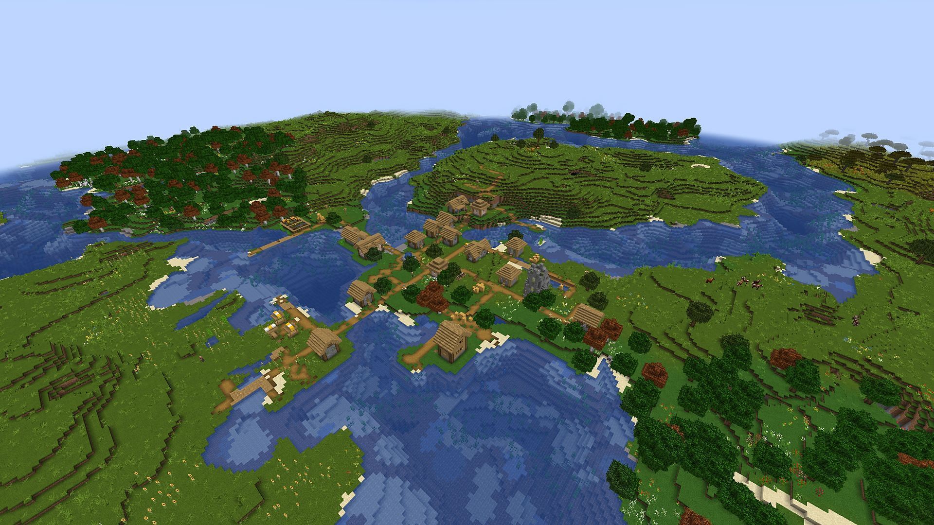 This Minecraft seed sees a village bridging itself between multiple landmasses (Image via Fortunehoe/Reddit)