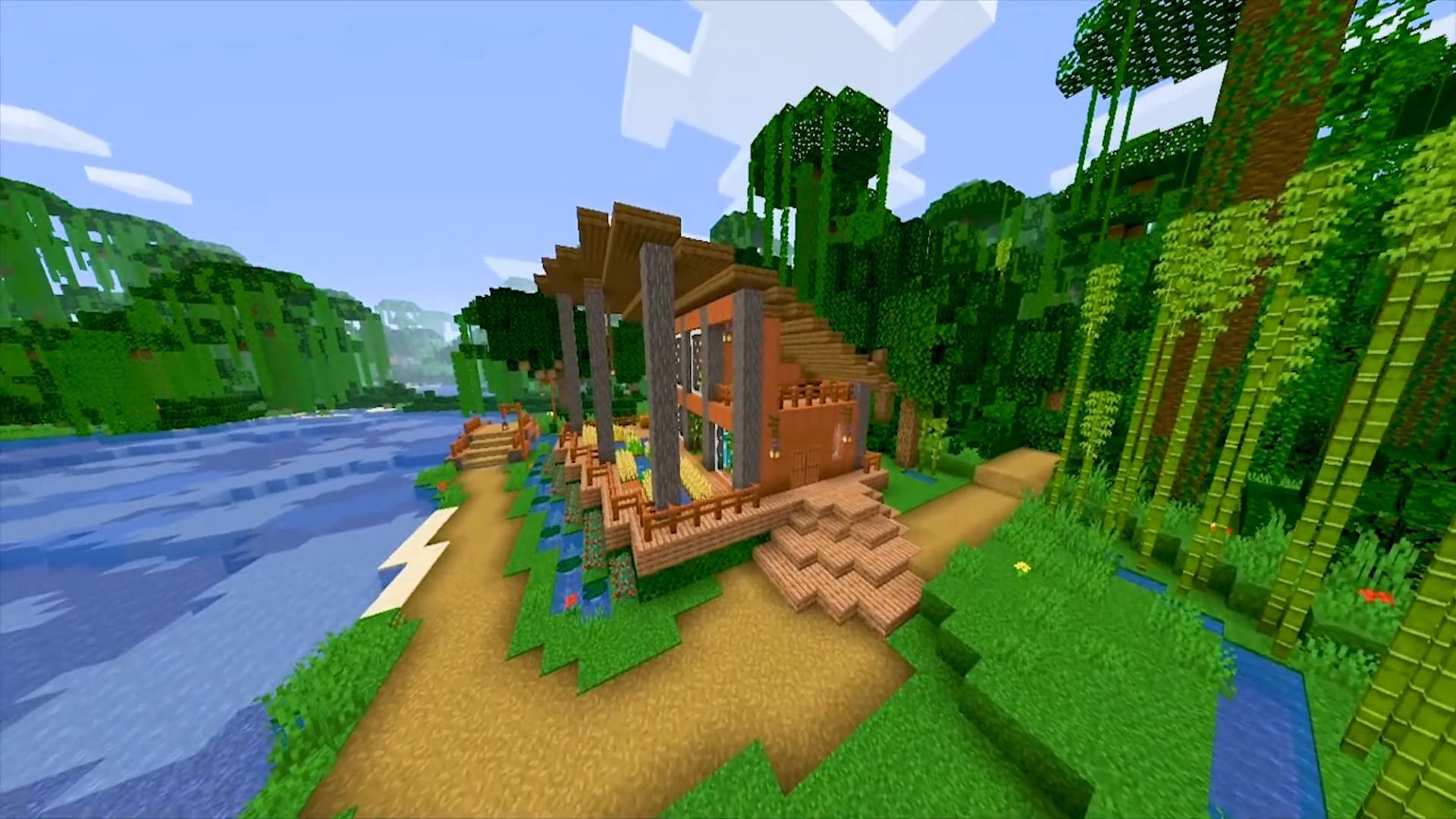 This Minecraft jungle abode features a very large front-facing porch (Image via Stevler/YouTube)