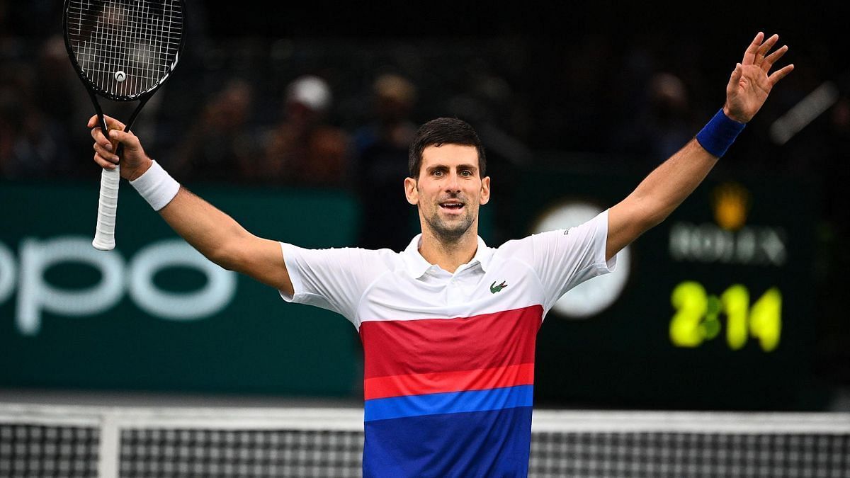 Novak Djokovic celebrates at the 2021 Paris Masters