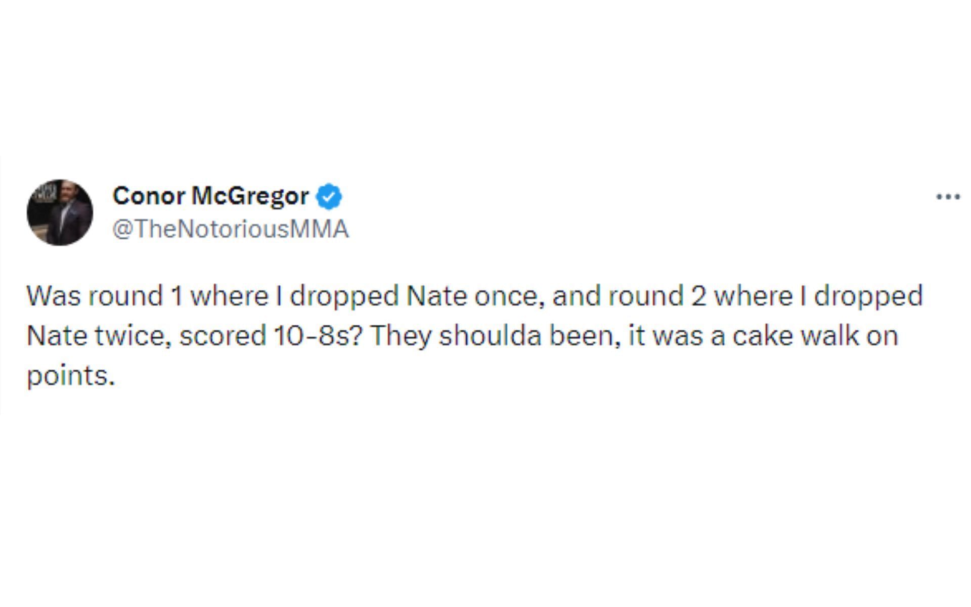 Tweet regarding rematch against Nate Diaz