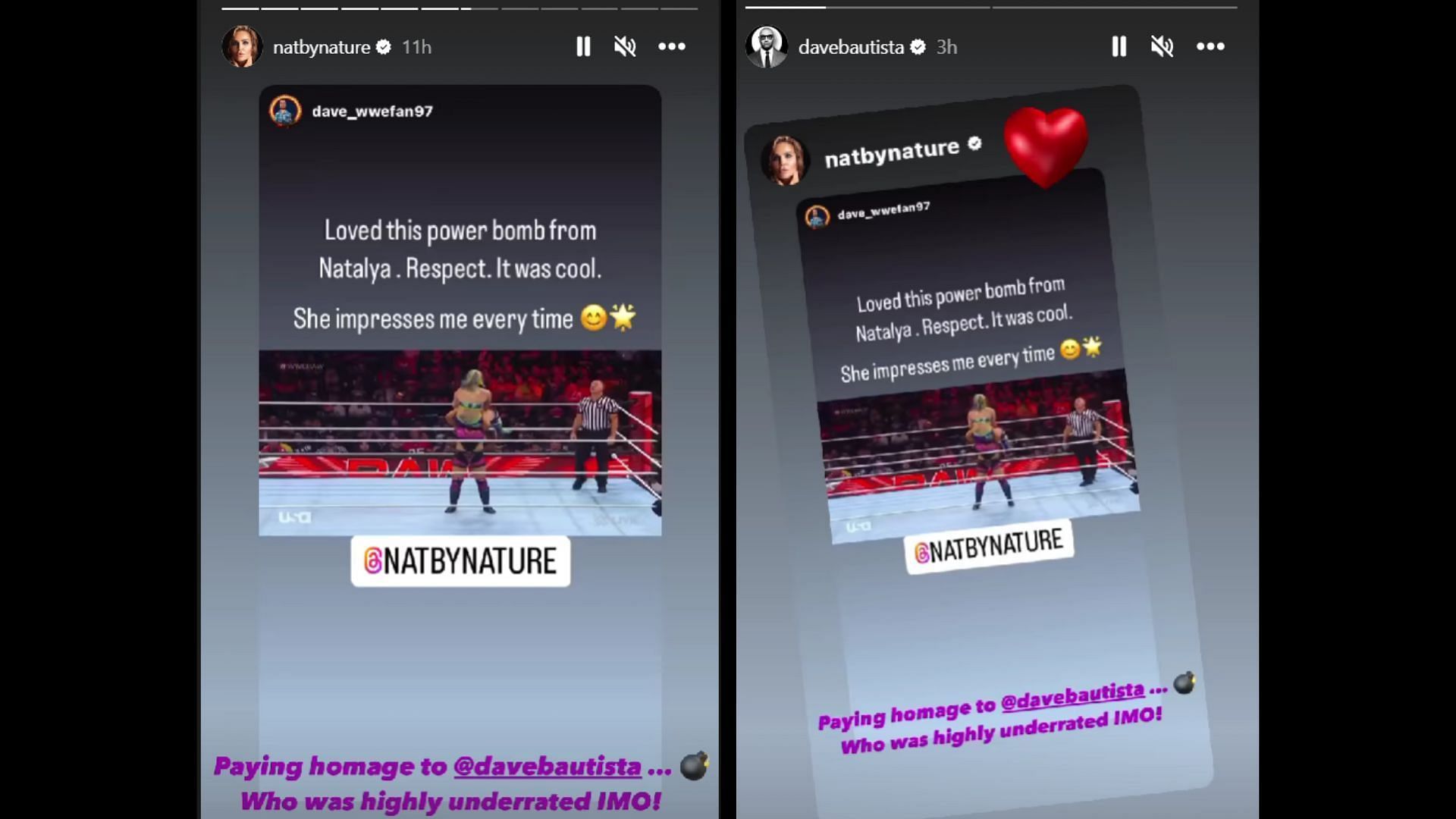 Natalya name-dropping Batista (left) and the latter&#039;s response (right)