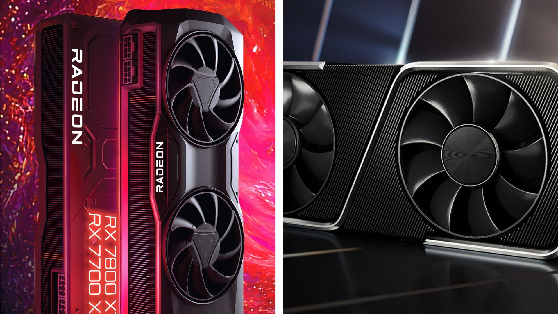 The AMD Radeon RX 7700 XT is more powerful than the RTX 3060 Ti (Image via AMD and Nvidia)