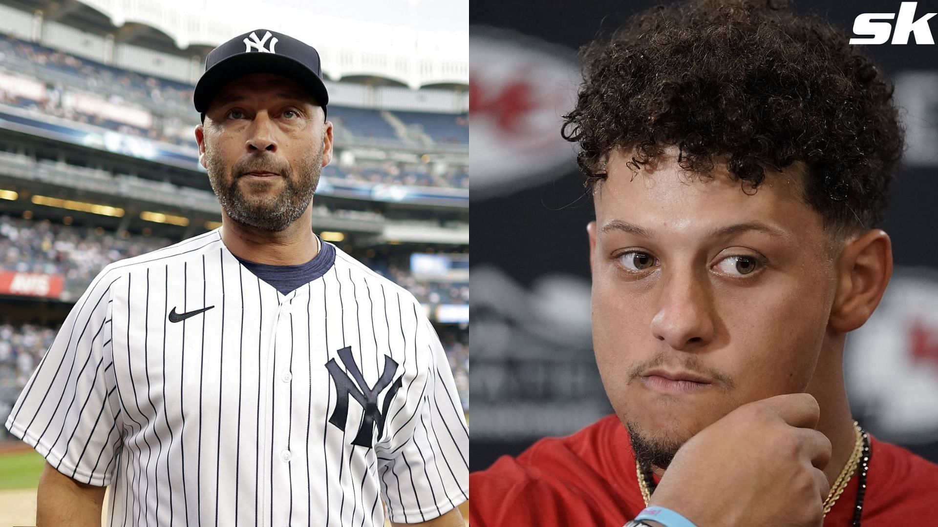 IN PHOTOS: Patrick Mahomes presents Yankees legend Derek Jeter with archived photo of the pair on the baseball field 