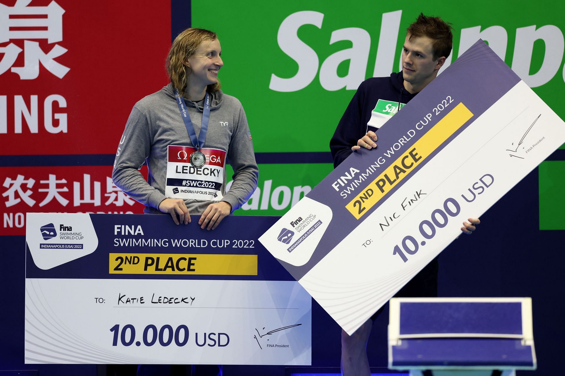 Katie Ledecky and Nic Fink at the FINA Swimming World Cup 2022 in Indianapolis, Indiana