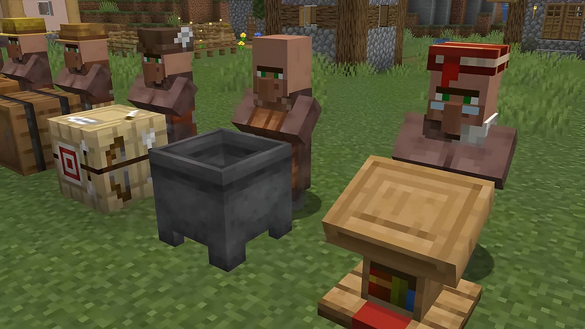 A row of villagers stand behind their work blocks in Minecraft.