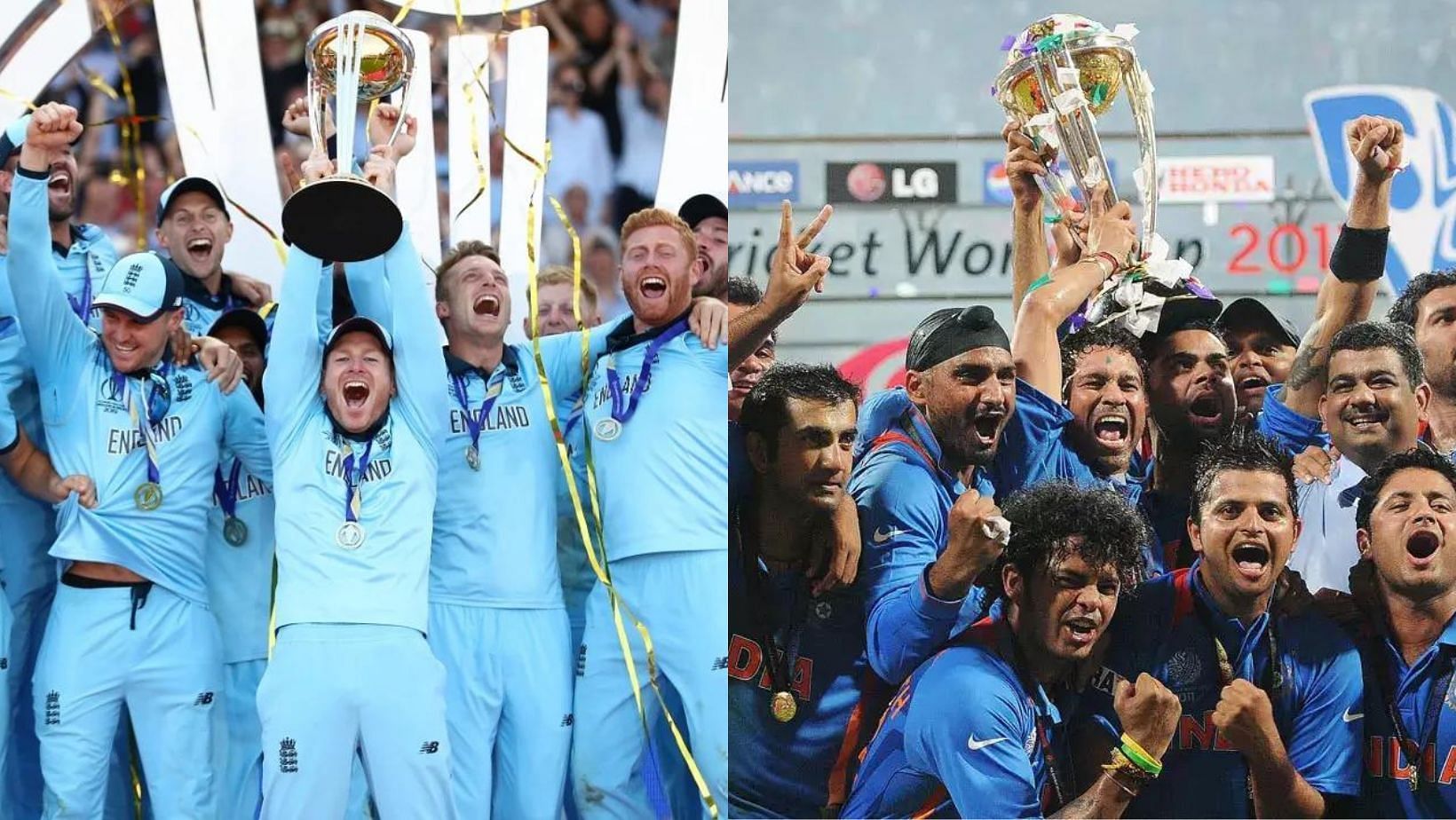 England (L) and India (R) won the 2019 and 2011 World Cups respectively.