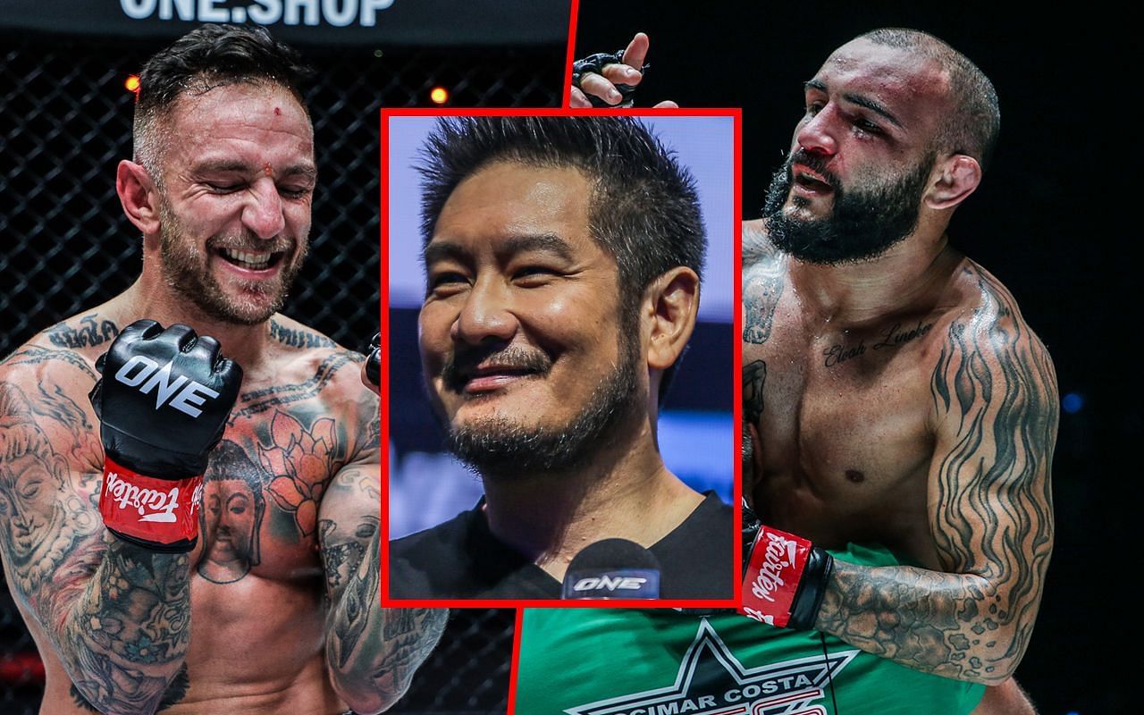 Chatri Sityodtong (Center) previews Liam Harrison (Left) versus John Lineker (Right)