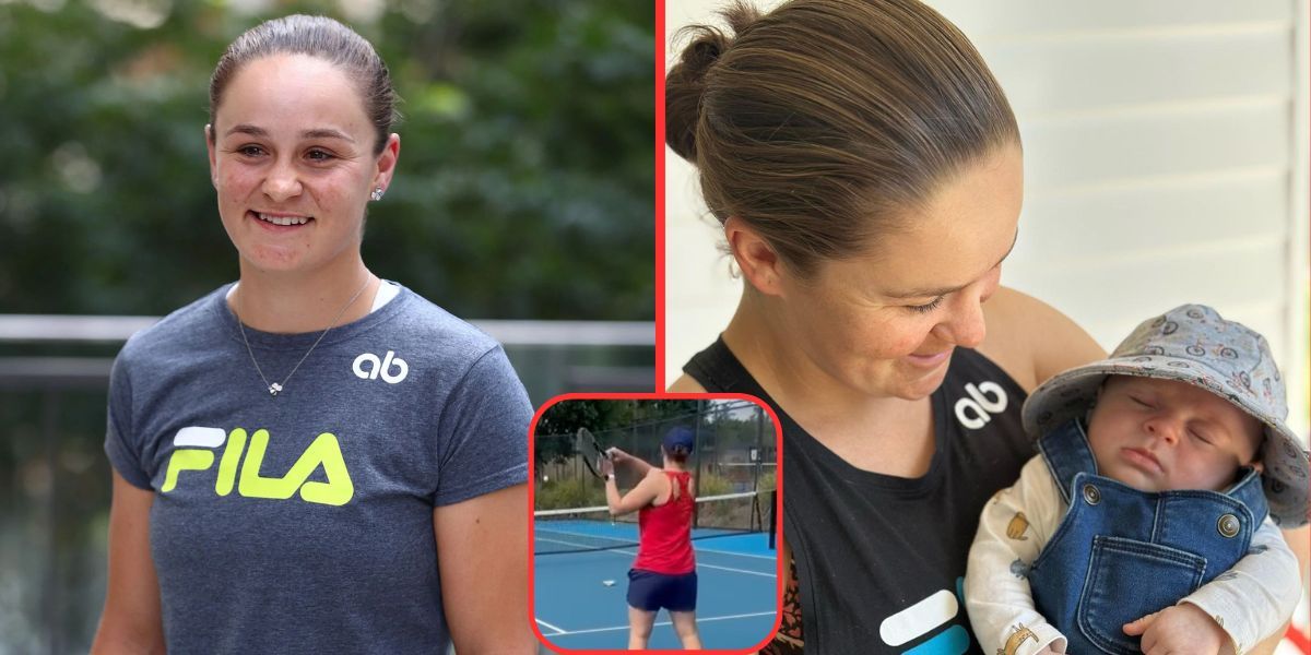 Ashleigh Barty returns to tennis court for first time since becoming a mother, accompanied by newborn baby with miniature racquet