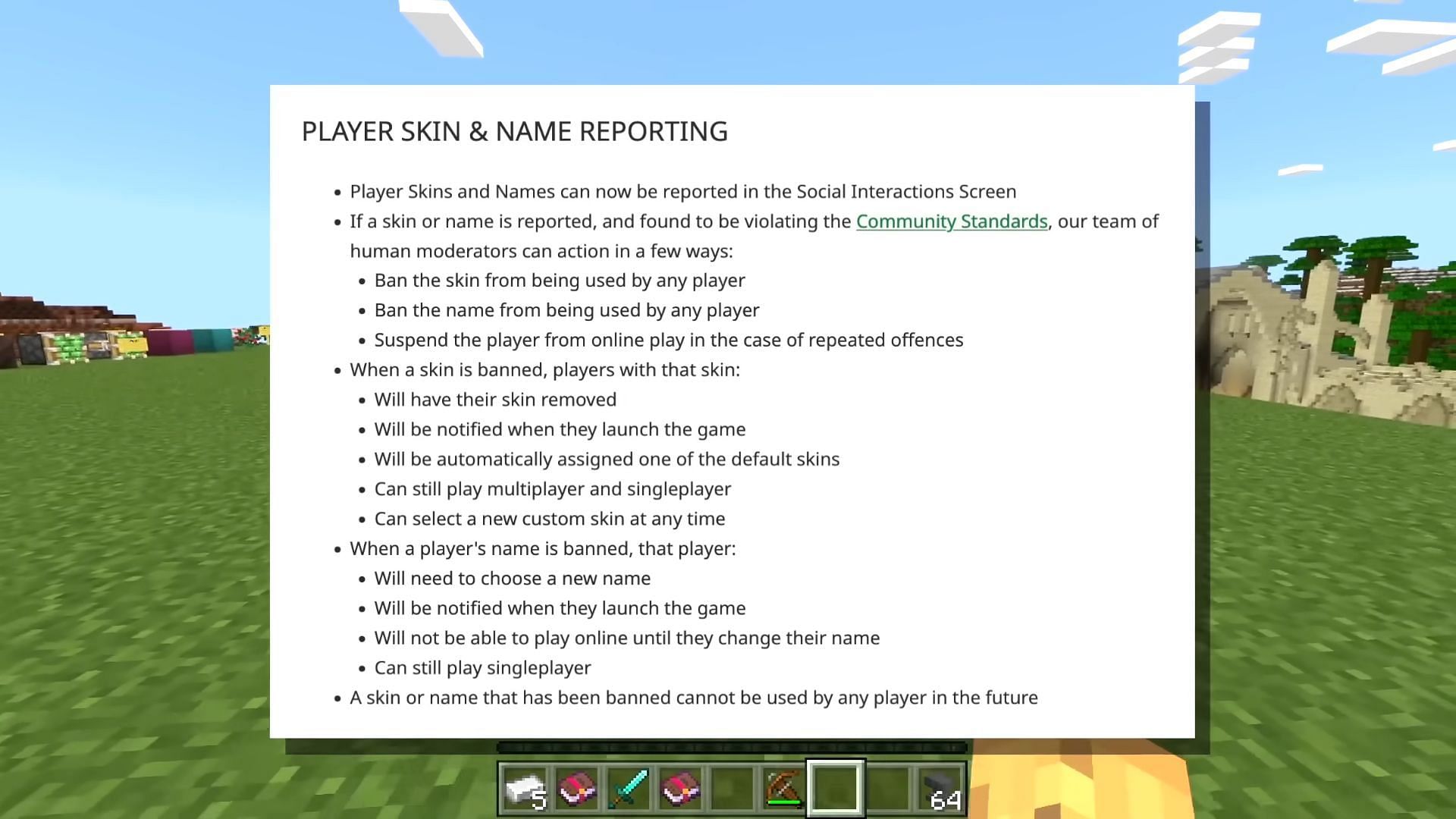 Minecraft 1.20.2 update added player skin and name report system