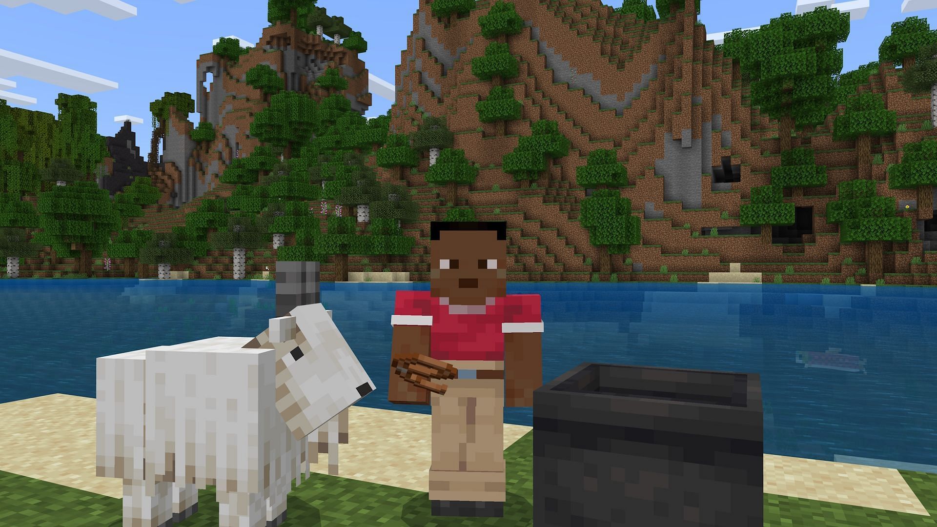 A player stands in front of a goat and a cauldron in Minecraft.