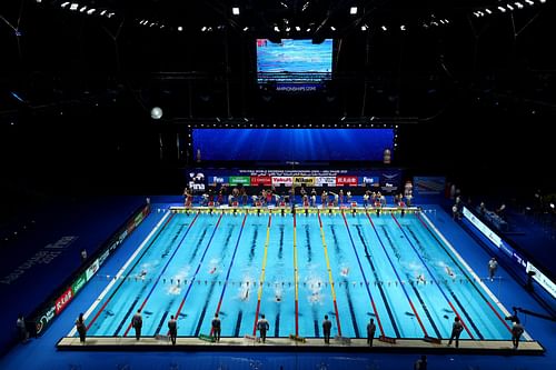 A general view of the swimming pool at the 2021 FINA World Swimming Championships (25m) at Etihad Arena in Abu Dhabi