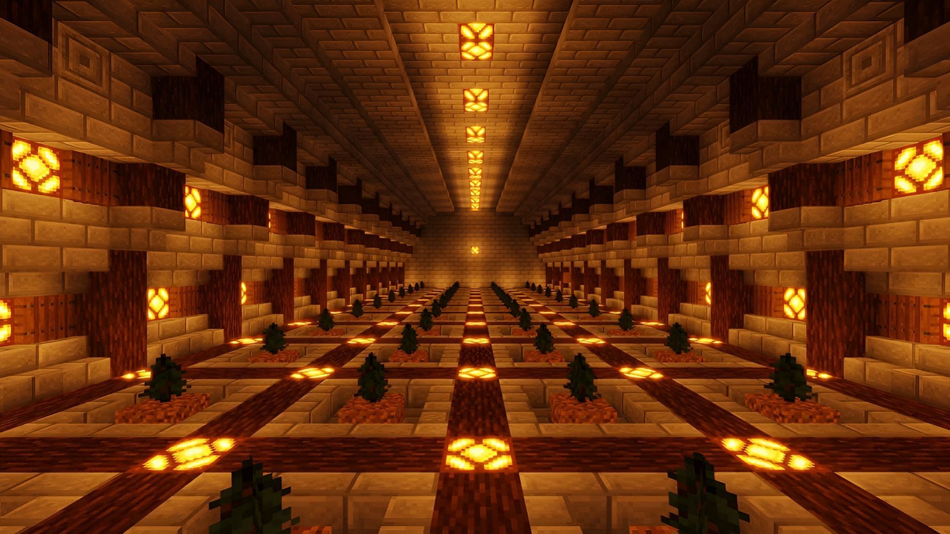 An underground tree farm in Minecraft created by the player UslashLuna.