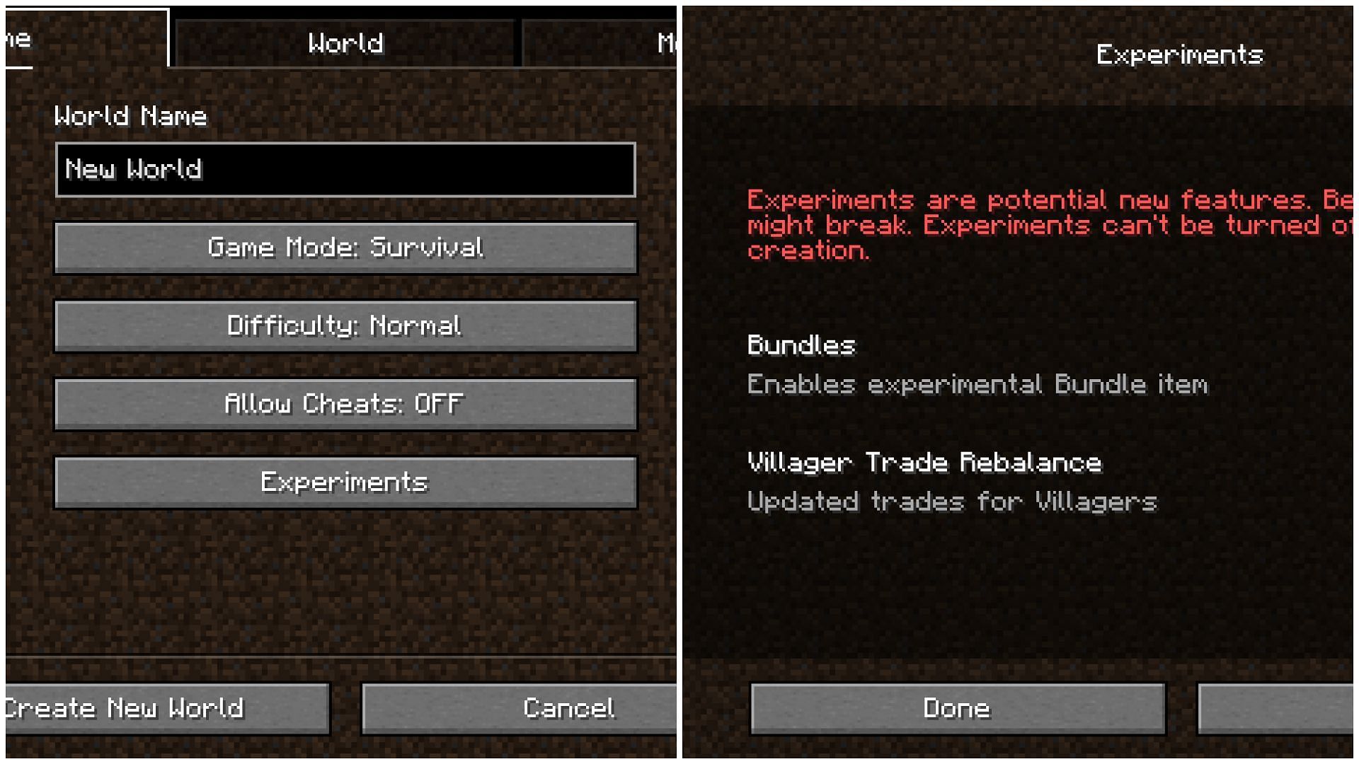 Create a brand new world and toggle on the villager rebalance system from the experiments tab in Minecraft (Image via Mojang)