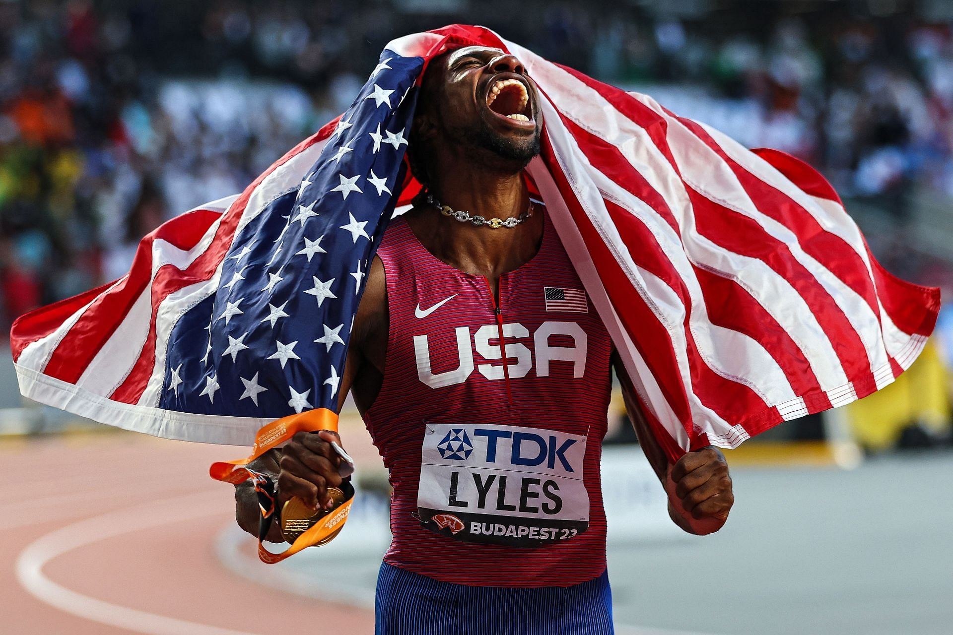 Noah Lyles after winning the women&#039;s 100m at the 2023 World Athletics Championships in Budapest.