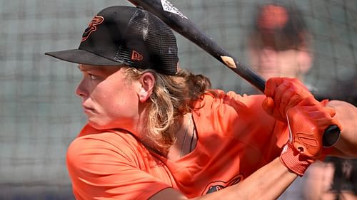 Number 1 overall selection Jackson Holliday takes batting practice before the game at Oriole Park