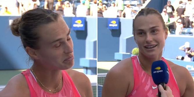 Hilarious scenes at US Open as Aryna Sabalenka flexes her muscles after learning she leads the tour in winners amassed at Grand Slams this season