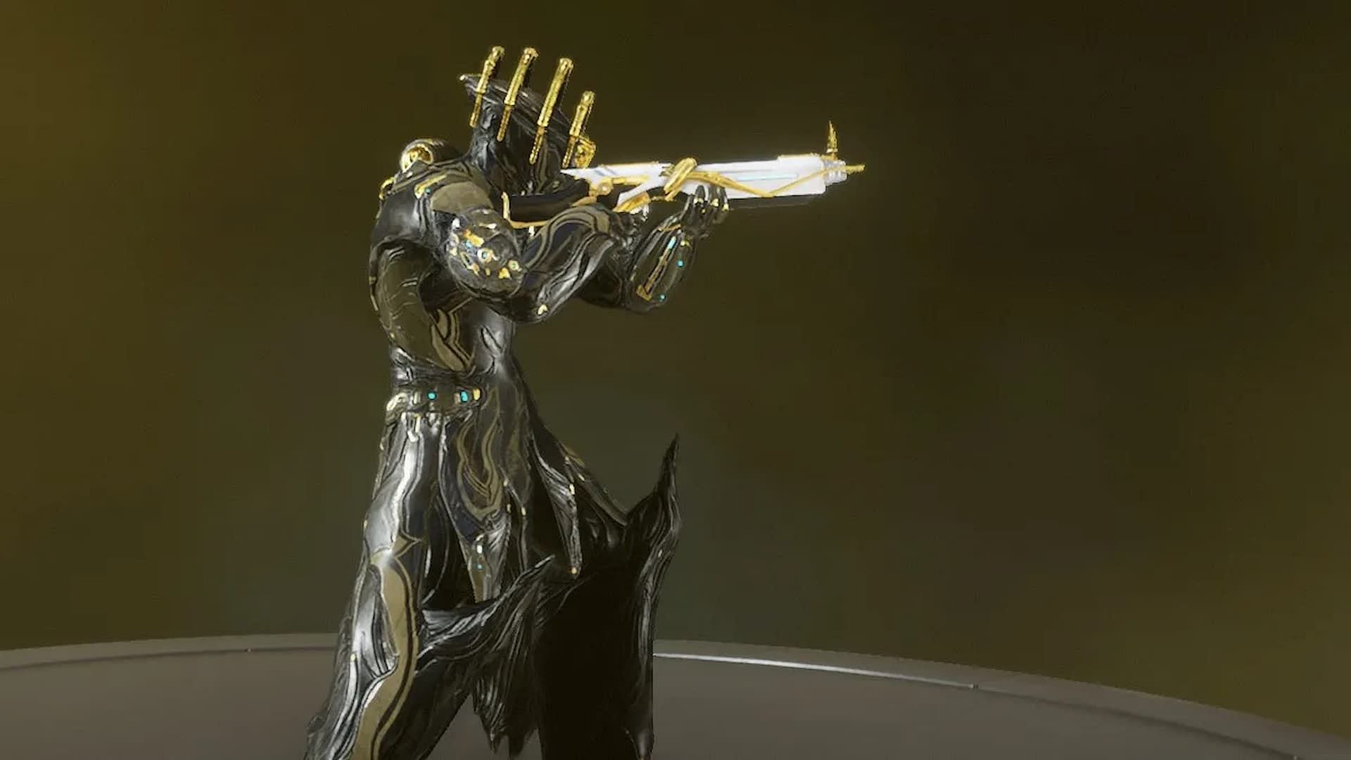 Frost in the preview screen of Warframe weilding a Latron