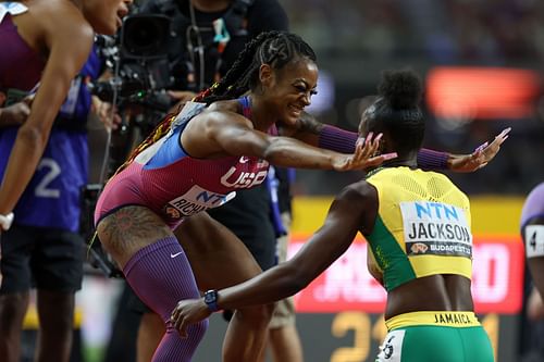 Sha'Carri Richardson gives Shericka Jackson a hug at World Athletics Championships Budapest 2023