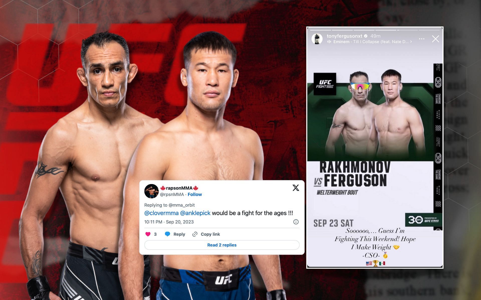 Tony Ferguson teases fight poster with Shavkat Rakhmonov. [Image credits: ufc.com; @mmaorbit on Twitter]