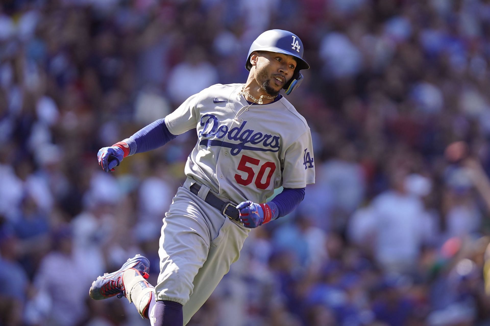 Los Angeles Dodgers&#039; Mookie Betts runs the bases after hitting a home run at Fenway Park