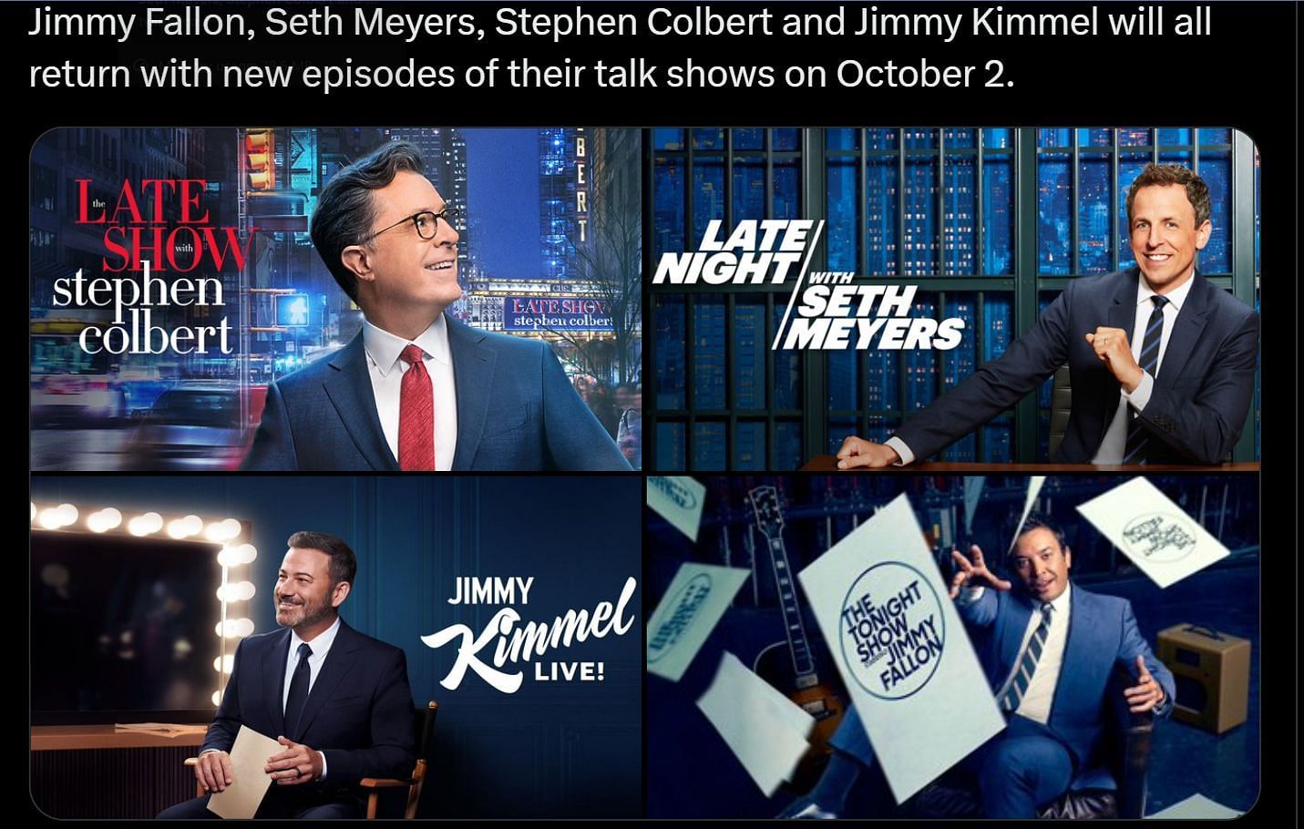 DF&#039;s post about Fallon, Meyers, Colbert, and Jimmy Kimmel (Image via X)