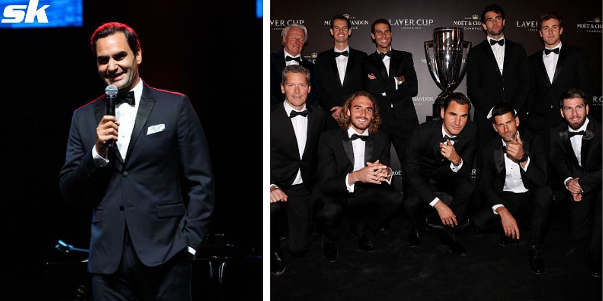 Roger Federer (L) and Team Europe at the Laver Cup (R)