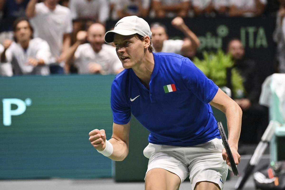 Jannik Sinner looks determined during a singles match at the 2022 Davis Cup Finals