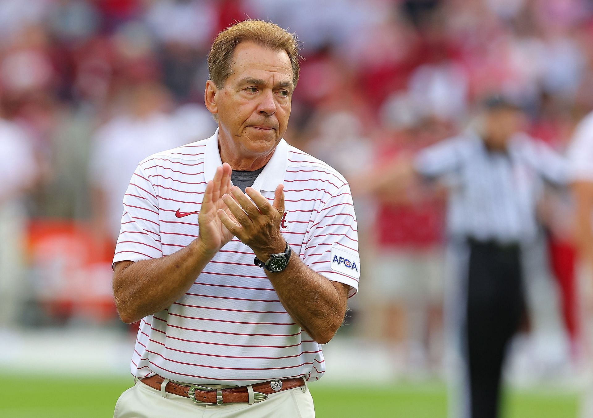 Nick Saban pictured during the Middle Tennessee vs. Alabama match