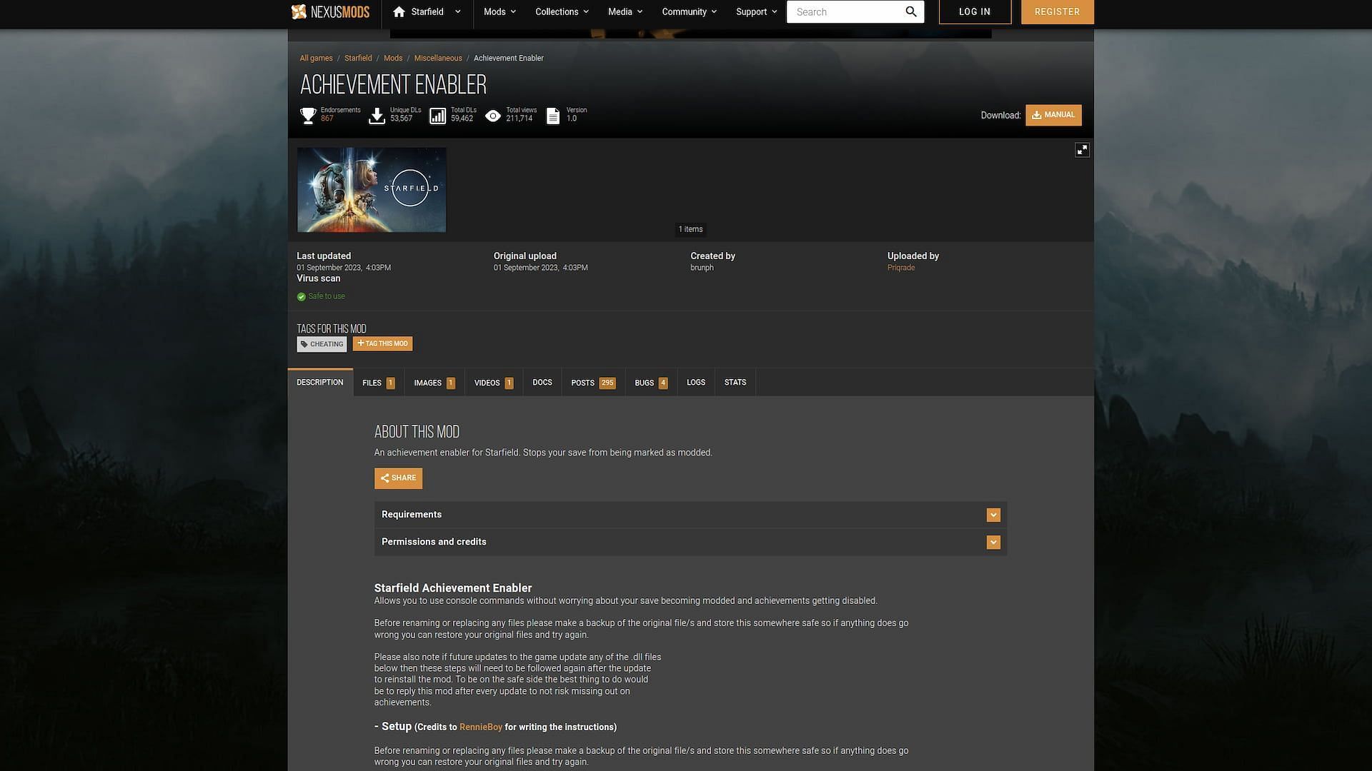 The Achievement Enabler mod webpage (Image via Nexusmods/Priqrade)