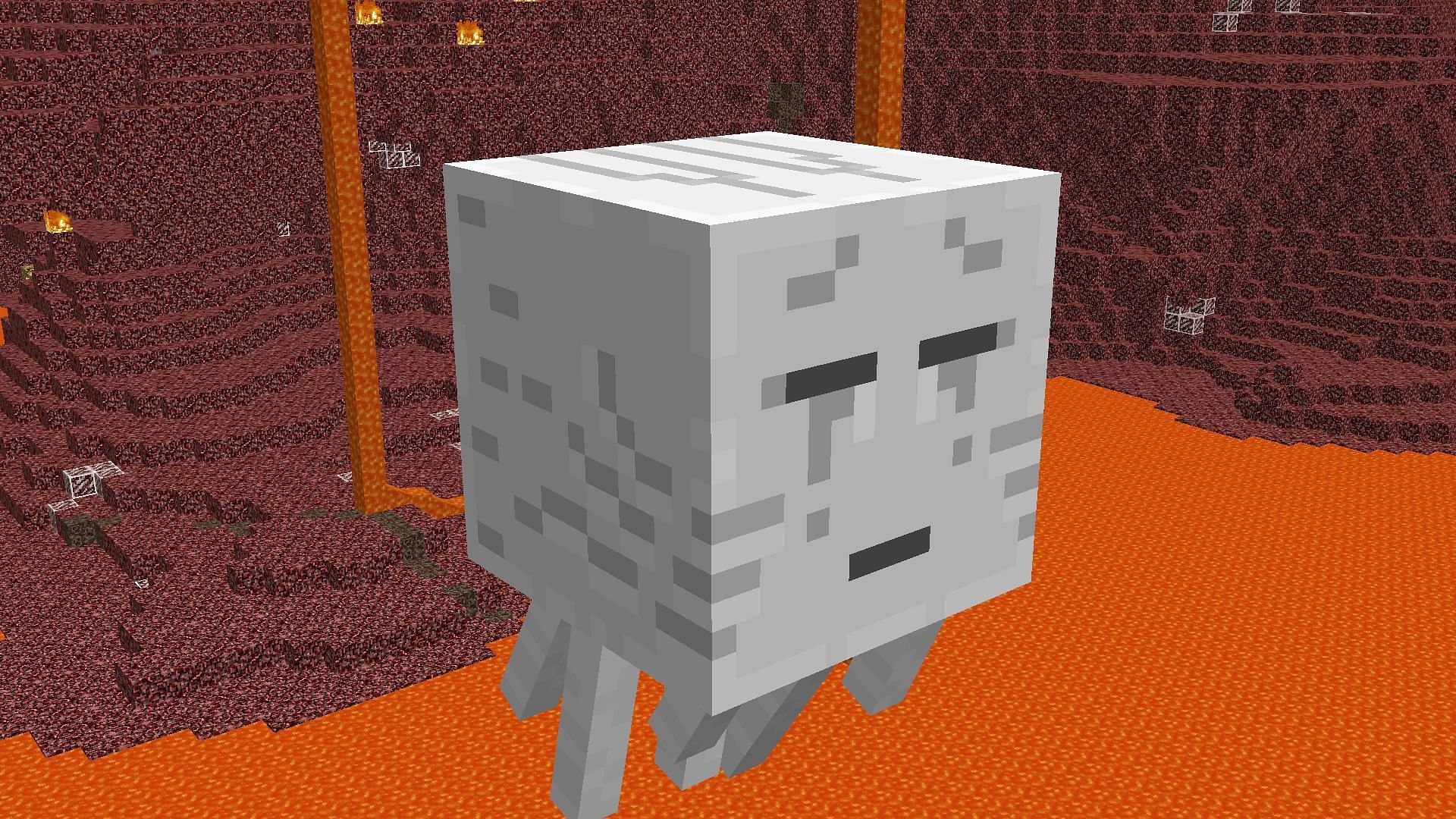 A Ghast floating about the Nether in Minecraft.