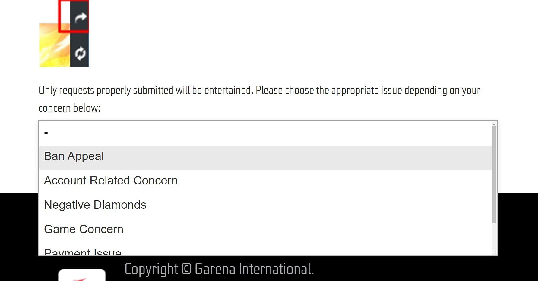 Choose Ban Appeal from the list of the available options (Image via Garena)