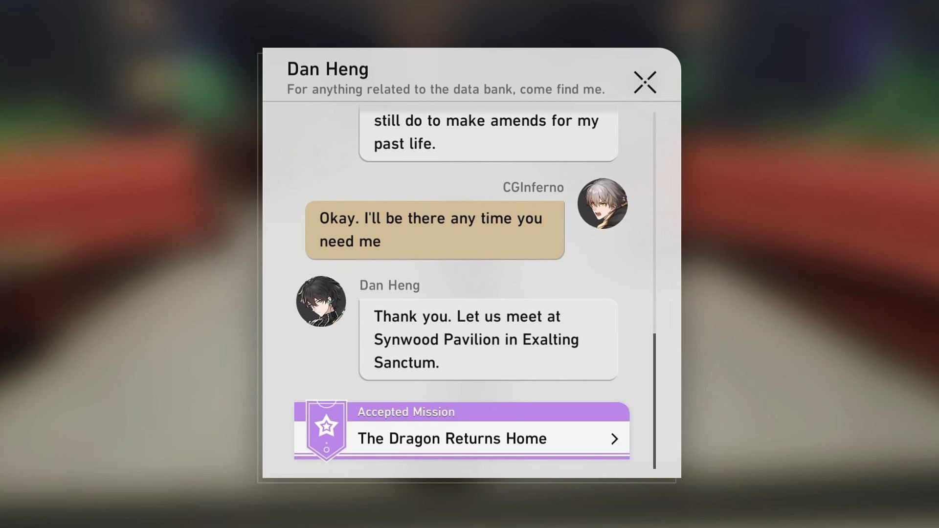 Initiate The Dragon Returns Home quest by replying to Dan Heng&#039;s message (Image via HoYoverse)